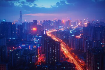 Obraz premium Cityscape at night with glowing lights and skyscrapers