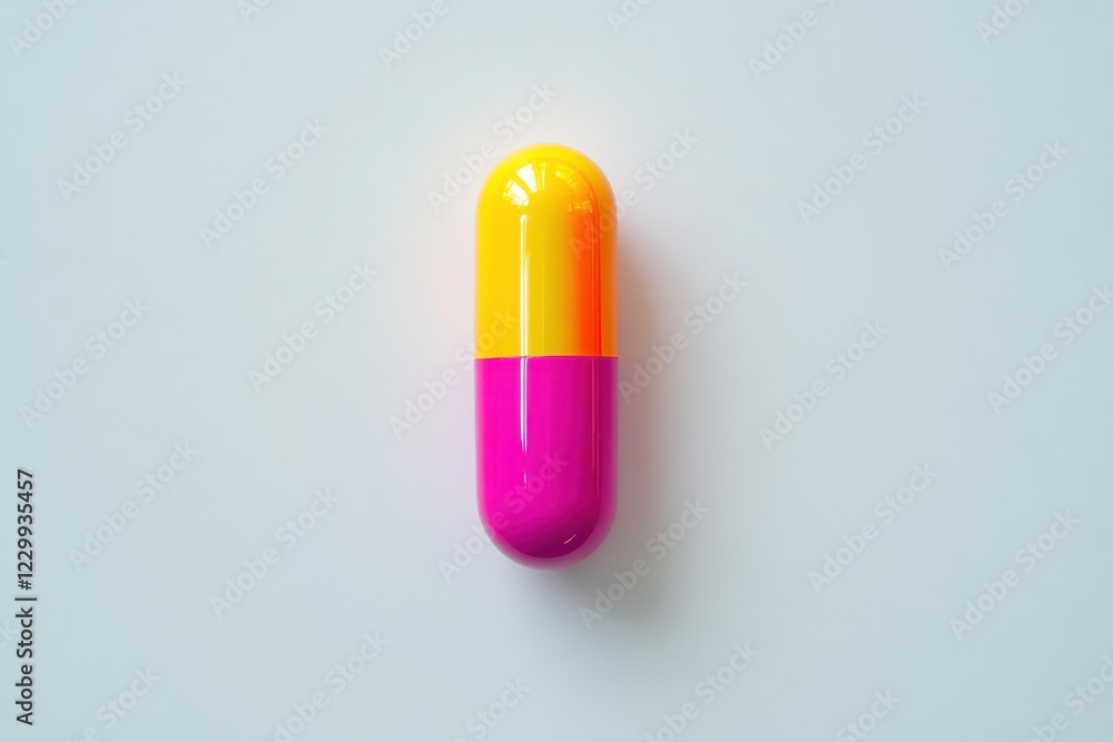 Poster vibrant oversized capsule rests on a plain surface displaying bright colors and unique design