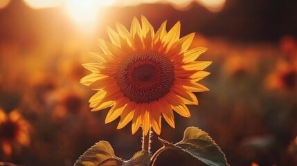 A close-up view of a single sunflower in full bloom, showcasing its intricate details and vibrant yellow petals against a softly blurred background of more sunflowers