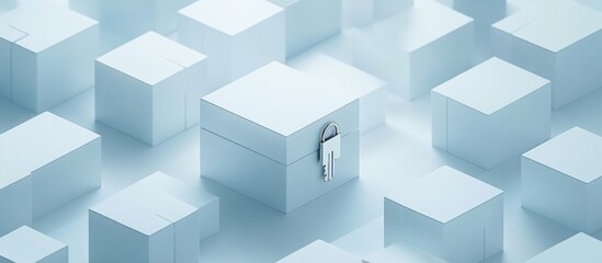 Obraz premium Data Security: A Locked Box Amidst a Field of Digital Cubes Representing Data Protection and Cybersecurity