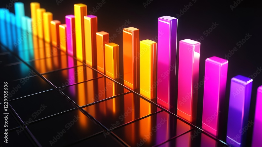 Poster a colorful d bar chart with tall, glossy bars on a black reflective surface, with warm spotlighting 