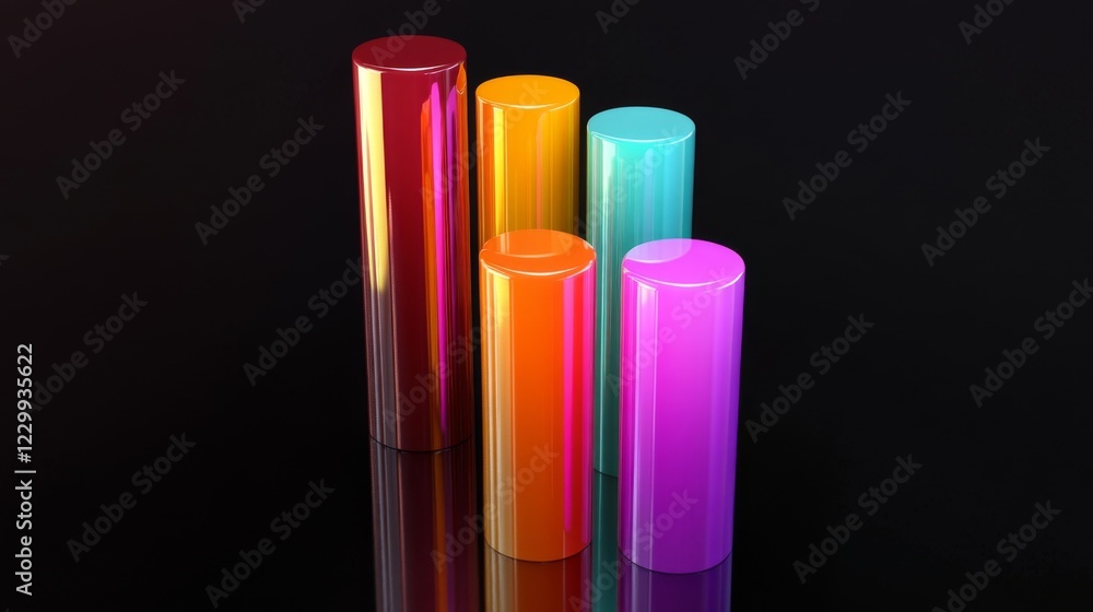 Poster A colorful D bar chart with tall, glossy bars on a black reflective surface, with warm spotlighting to highlight each bar's shape and height
