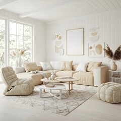 A bright and airy living room bathed in natural light from large,paned windows overlooking a lush garden. The room is anchored by a plush, light sectional sofa adorned with soft, neutral pillows.