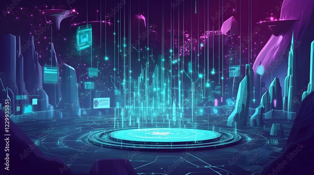 Poster a cybernetic landscape representing security information and event management (siem) with a central 