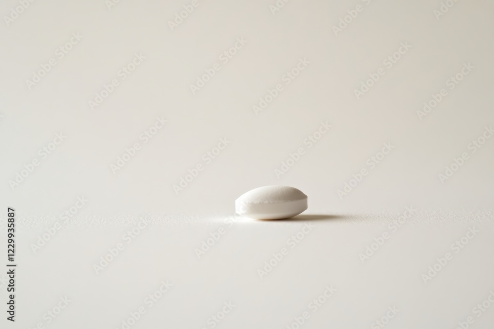 Poster white pill placed on a smooth surface in a minimalistic setting during daylight