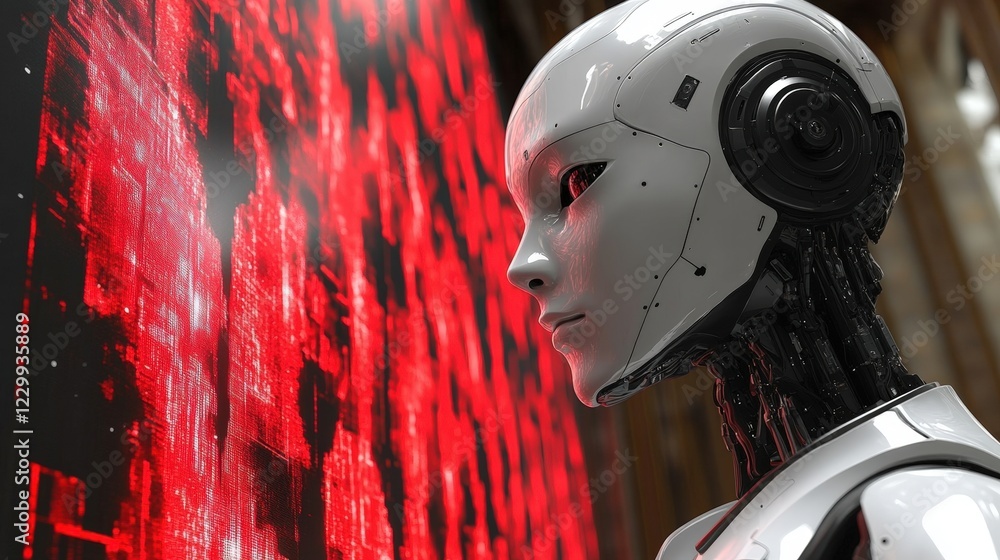 Poster robot standing in front of a vibrant red wall with a minimalistic design and strong color contrast