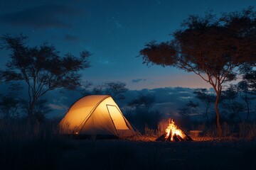 Tent illuminated at night with red roses nearby