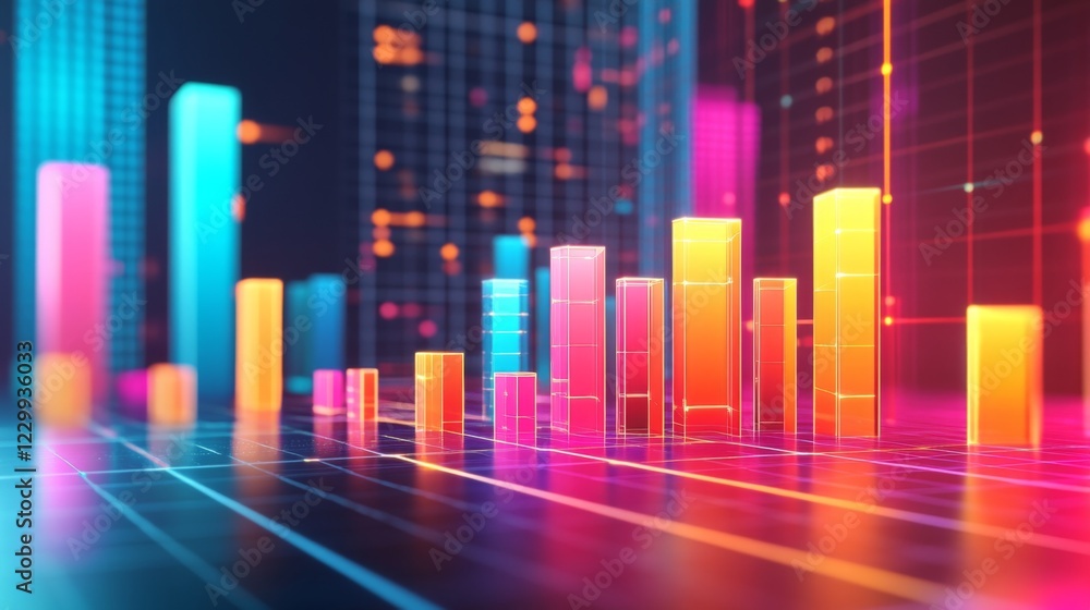 Poster A colorful D bar graph rising on a grid background, with glowing bars representing data growth, and labels indicating different statistics.