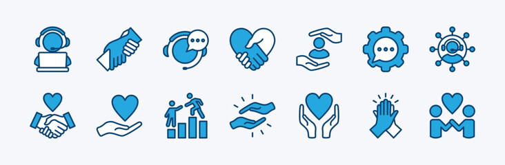 Set of business assistance icon. Containing customer support, teamwork, cooperation, collaboration, help, care, charity, empathy, donate, volunteer, solidarity, partnership, love. Vector illustration