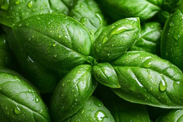 Close-up of fresh green basil leaves with vibrant texture