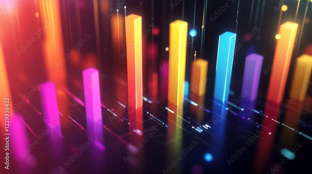 Poster a colorful bar graph with d effects and gradient colors, displayed on a dark background, with subtle