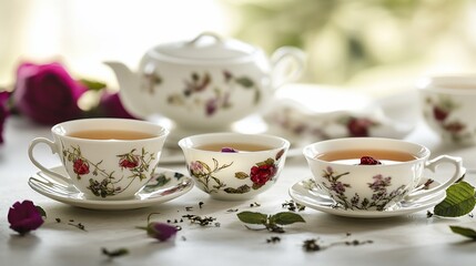 Fototapeta premium Floral Teacups and Teapot: A Serene Afternoon Tea Setting