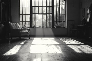 Grayscale room with large windows and light patterns on the floor