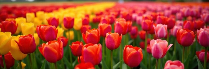 Fototapeta premium Tulip field with a mix of red, yellow, pink, and purple flowers, red tulips, field