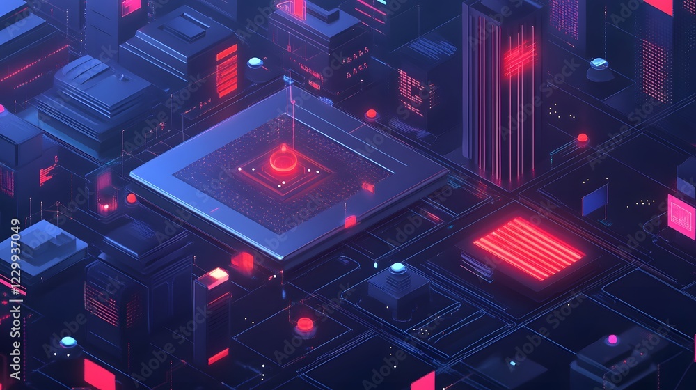 Poster a cybernetic landscape representing security information and event management (siem) with a central 