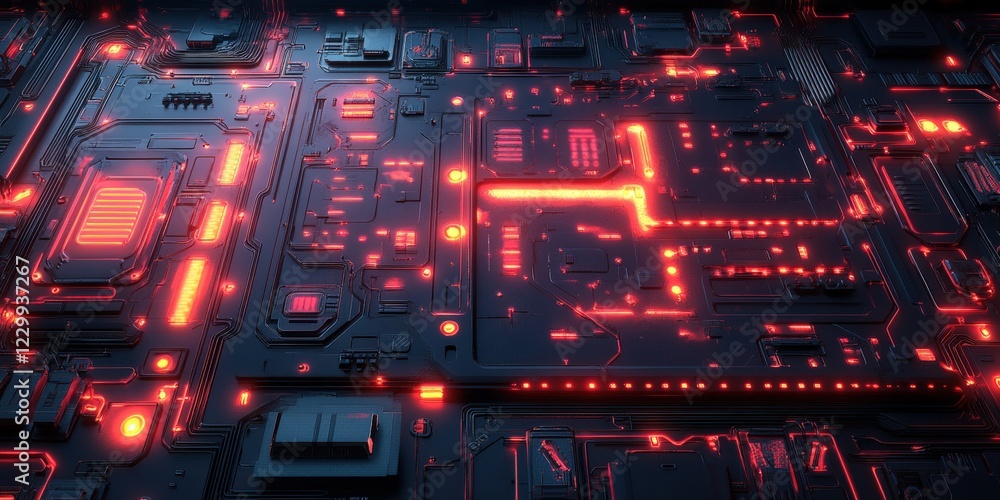 Poster close up view of a computer motherboard featuring illuminated red lights and intricate circuitry det