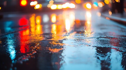 Reflections of City Lights on Wet Pavement at Night