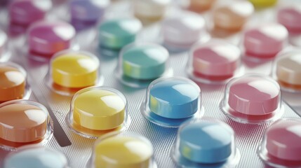 Colorful pills in blister pack close-up.