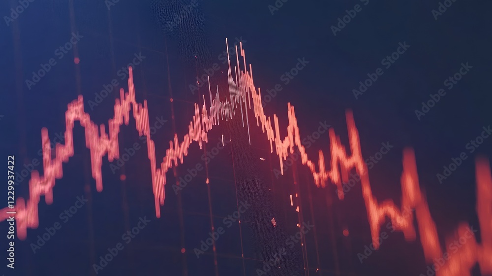 Poster abstract financial chart with rising and falling graph lines on a blue gradient background.