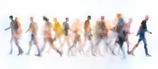Fototapeta premium Abstract watercolor painting of a crowd of people walking, showcasing motion blur and soft colors, conveying a sense of urban movement and anonymity.
