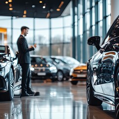 A car dealership showroom with luxury vehicles displayed and a salesperson interacting with a client.