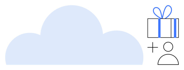 Cloud with blue shading, adjacent to a blue-trimmed gift box and a minimalist human figure. Ideal for online storage, digital rewards, user engagement, collaboration, remote access, data sharing