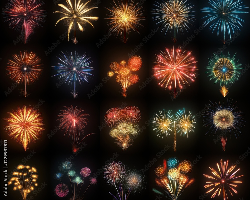 Poster a colorful array of vibrant fireworks exploding in vivid patterns against a dark background capturin