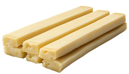 Four Pale Yellow Cheese Sticks Stacked on White Background