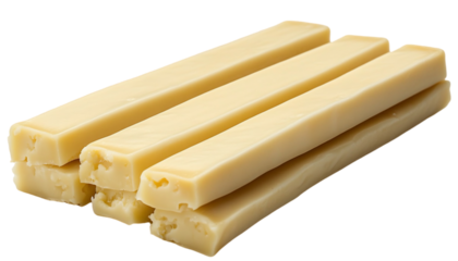 Four Pale Yellow Cheese Sticks Stacked on White Background