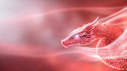 Fototapeta premium Majestic red dragon with glowing crystalline scales and mystical energy flowing through its body set against dreamy atmospheric background good for fantasy art and mythology themes. Selective focus