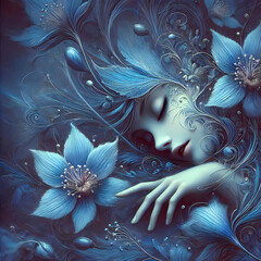 Obraz premium blue flowers sleeping fairy