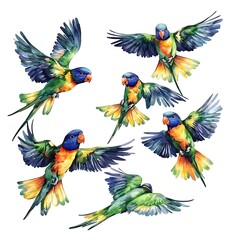 Obraz premium Six Rainbow Lorikeets in Flight Vibrant Watercolor Illustration.