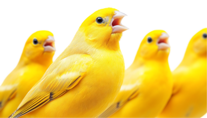 Four Vibrant Yellow Canaries Singing Against Black Background
