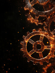 Obraz premium Rust gears with holographic networking and copy space on a black background