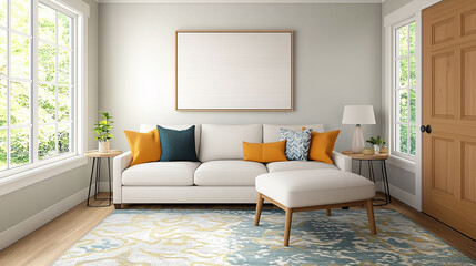 Fototapeta premium Modern living room with light sofa, colorful cushions, and natural light
