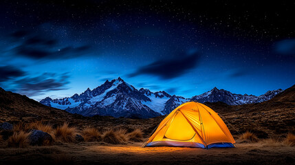 bright orange tent stands against stunning mountain backdrop under starry night sky.
