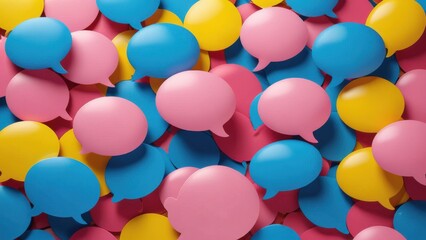 a variety of colorful 3D speech bubbles overlapping each other, using shades of blue, pink, and yellow