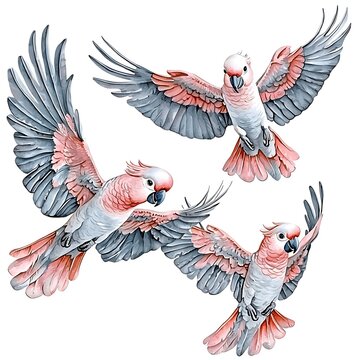 Three Galahs in Flight Watercolor-Style Bird Illustration.