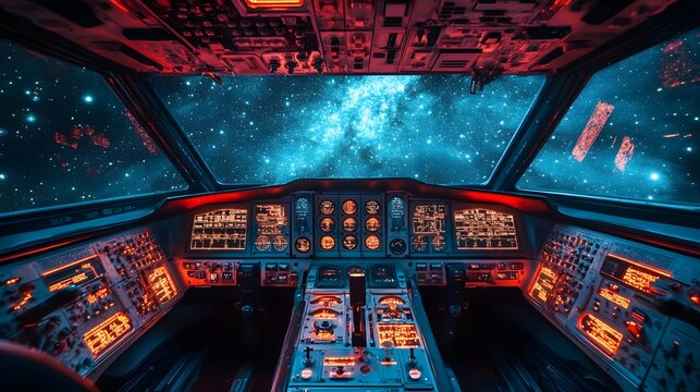 Futuristic Spacecraft Cockpit with Starry Cosmic Background