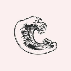 Sea wave in sketch retro hand drawn style. Best for nautical marine and tattoo designs. Vector illustration.