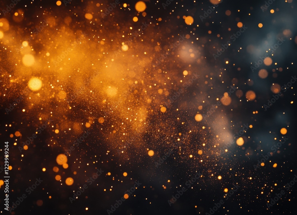 Poster abstract background featuring golden bokeh lights and dust particles floating in a dreamy dark atmos