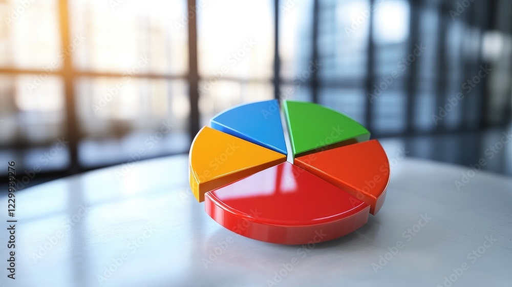Aufkleber a d-rendered pie chart placed on a white surface, symbolizing business statistics.