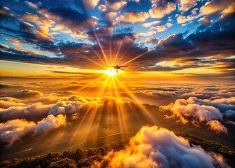 Fototapeta premium Dramatic lens flares and golden hour light enhance captivating drone shots of nature's beauty.