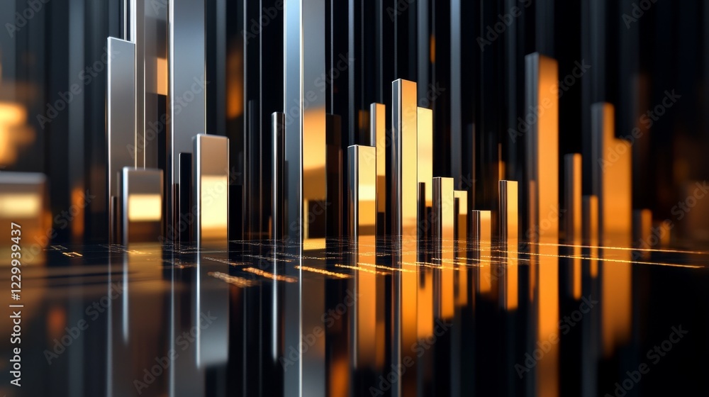 Aufkleber A corporate bar graph with silver and gold bars, representing financial performance, set against a dark background with subtle reflections and floating labels.