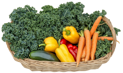 Fresh Vegetables in Wicker Basket Kale, Carrots, and Bell Pepper