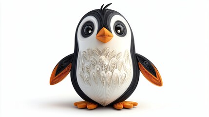 Fototapeta premium Quilled Paper Penguin Art Creation Standing Center Displayed on Solid Plain White Background.