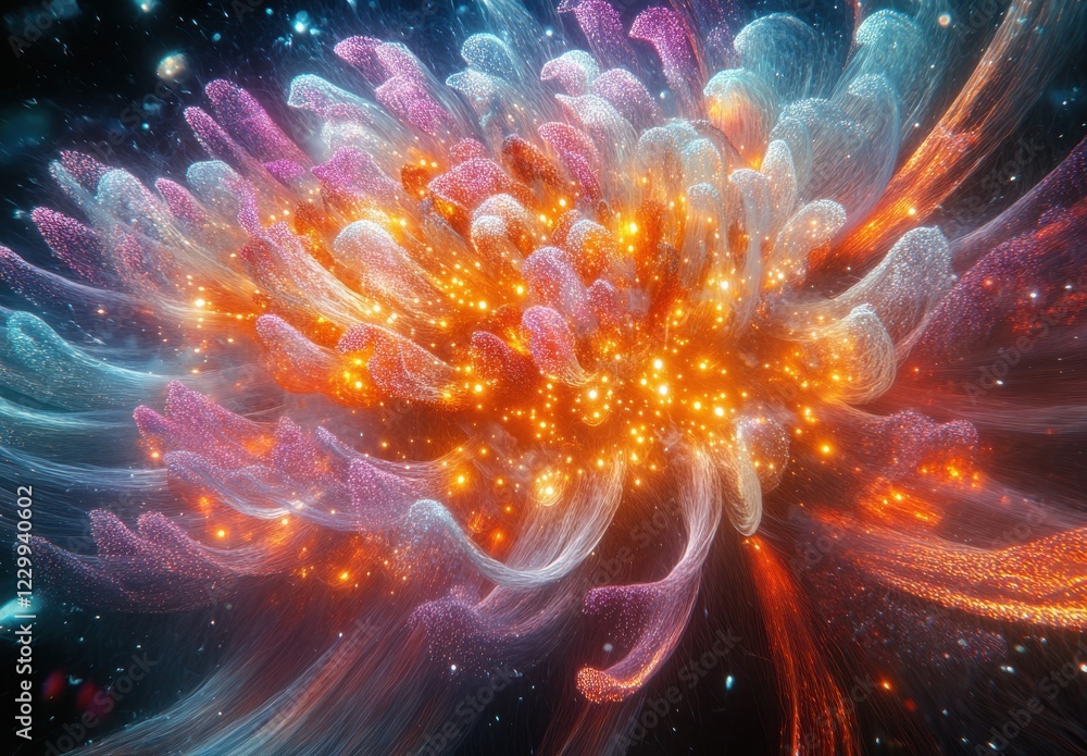 Poster abstract colorful design featuring luminous particles and flowing shapes, evoking a sense of movemen