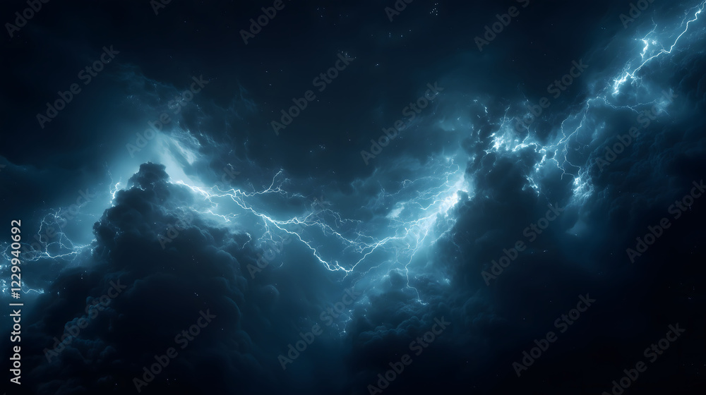 Poster abstract representation of lightning illuminating dark clouds in a stormy night sky. generative ai