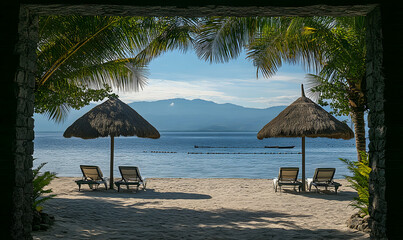 Fototapeta premium Serene beach scene viewed through a tropical doorway, showing two lounge chairs under thatched umbrellas, calm ocean, and distant mountains.