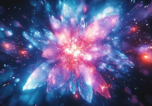 Abstract colorful explosion of light resembling a cosmic flower, with sparkling particles and vibrant shades of blue, pink, and purple against a dark background.